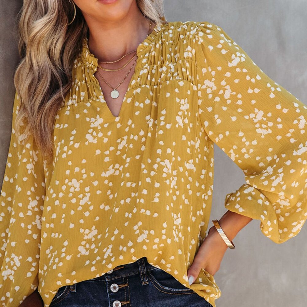 Yellow Autumn Split Neck Dot Printed Crinkled Blouse Size Large
